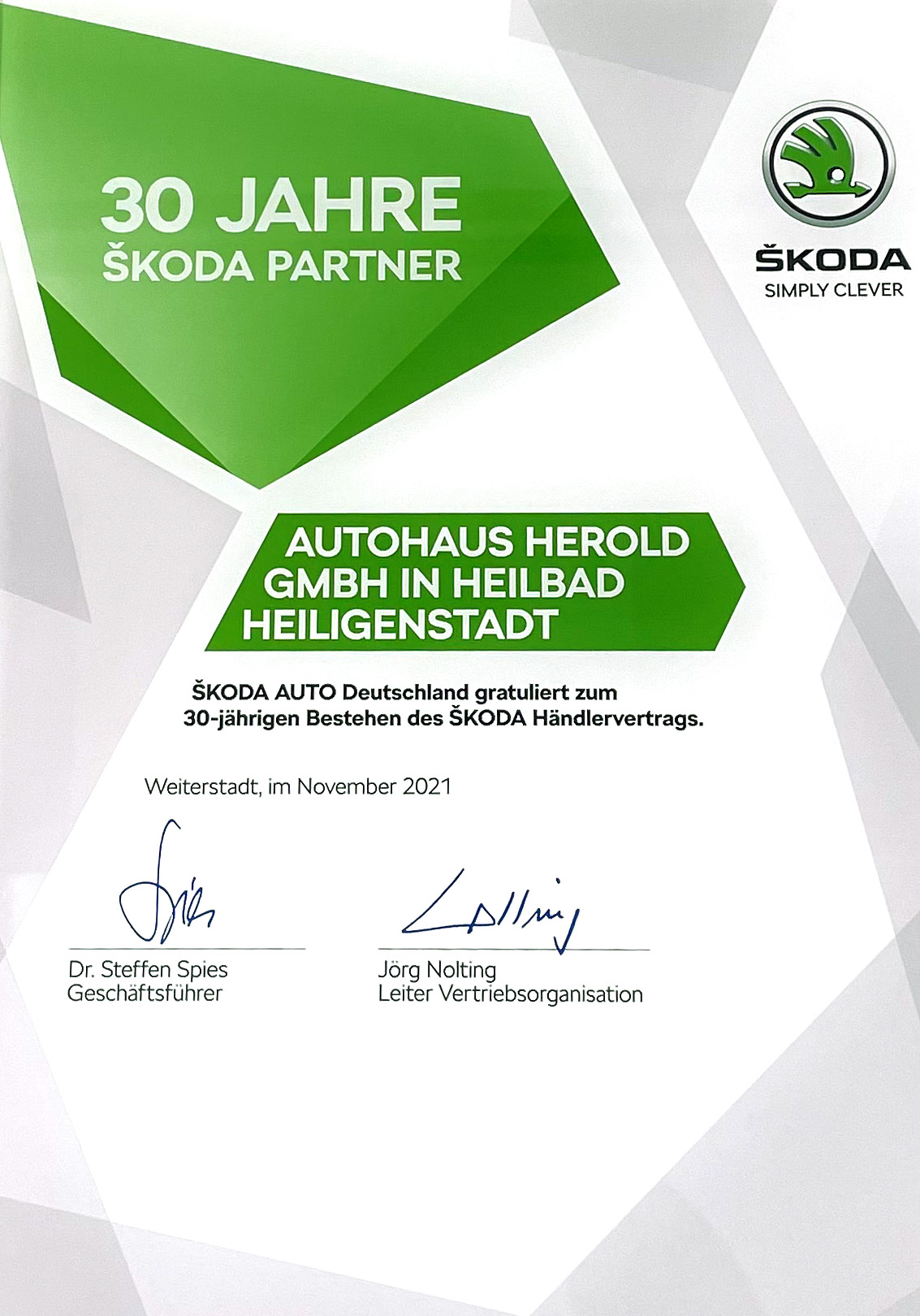 Autohaus Herold, Urkunde zum 30-jährigen Bestehen des ŠKODA Händlervertrags